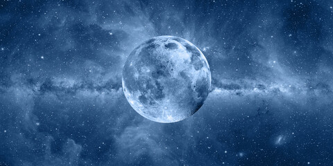 Amazing blue full moon, Milky Way galaxy in the background "Elements of this image furnished by NASA " - Powered by Adobe