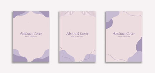 Fototapeta premium Set of 3 Simple Abstract Beautiful A4 Wallpaper With Blob Shape Purple Pastel Color. Dynamic style for cover book, booklet, banners, pamphlet, posters, frame, borders, presentations, flyers