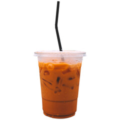 ice thai tea with milk in transparent plastic in white background with path