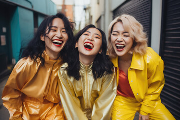 Portrait of three young asian woman having fun outdoors