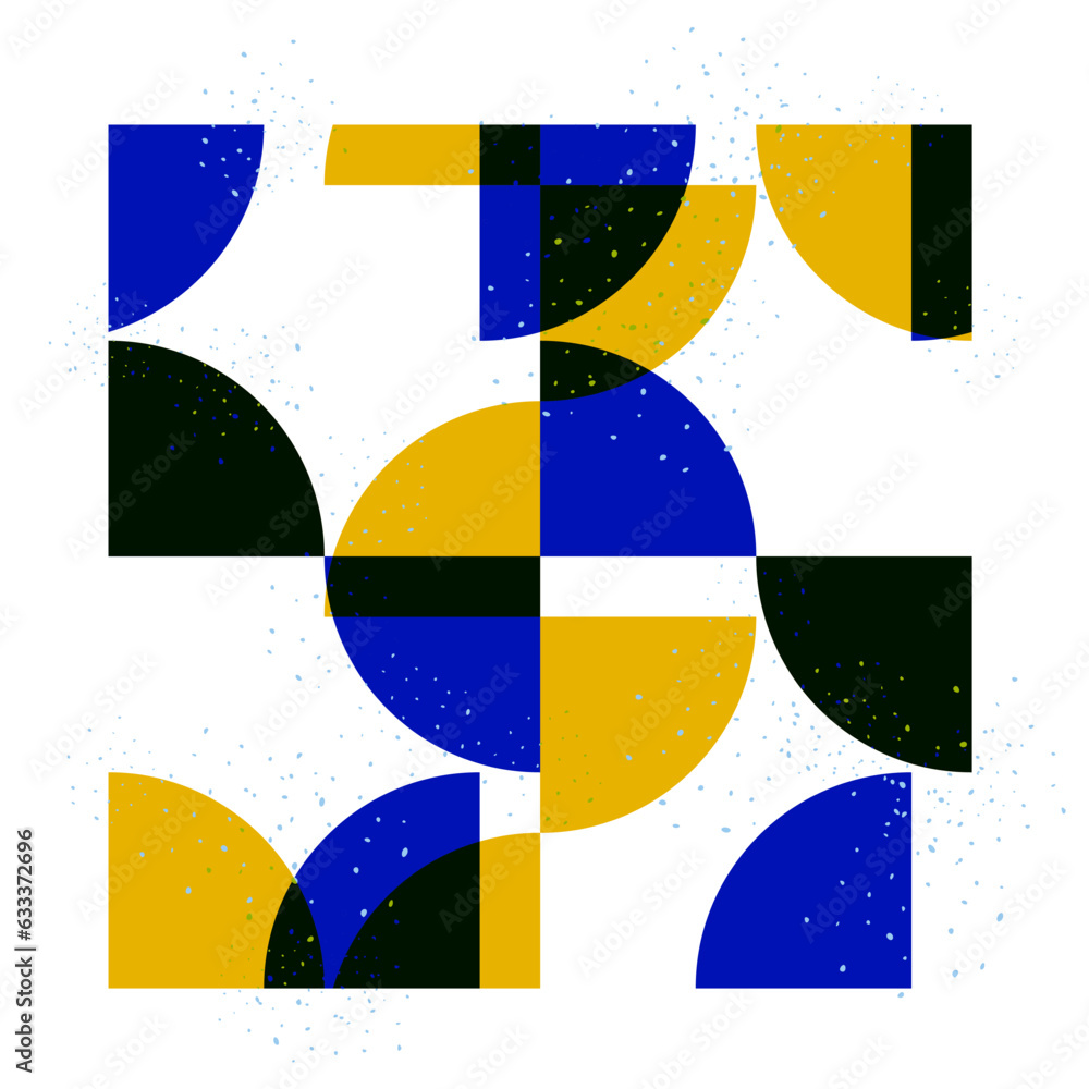 Poster abstract pattern of blue and yellow quarter circles in retro risograph style. bright modern vector b