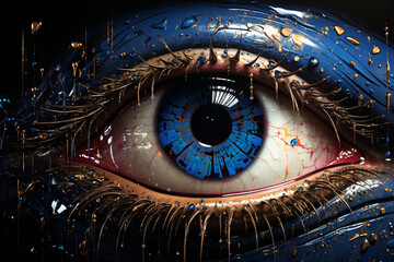 Artificial meta cyber electronic eye surveillance security with lights glares and laser circuit, high technologies. Futuristic robotic human cyber electronic scanning eye digital vision. Generative AI