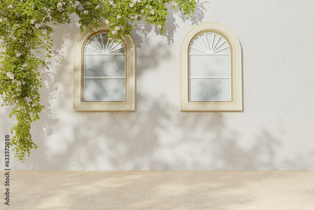 Poster abstract 3d render minimal scene podium backgroud. light and shadow from tree with windows on plaste