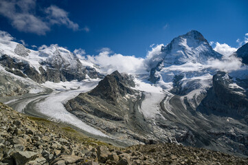 view of Glacier Dumond and Glacier du Grand Combier with Roc Noir and Dent Blanche in Valais