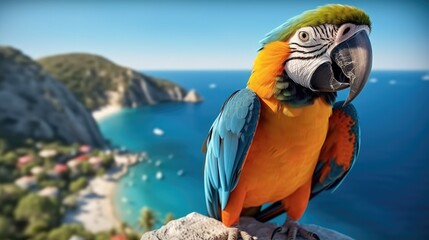 Colorful macaw perched on stone against tropical blue sea.