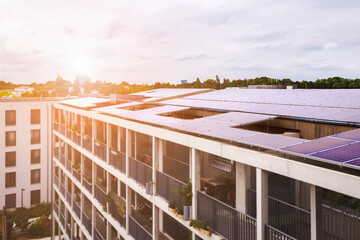 Solar Panels Roof Building. Solar Panel Station on Roof of Residential High rise Multifamily...