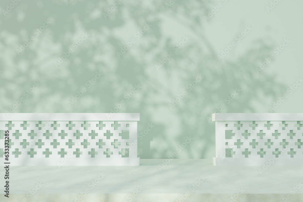 Poster abstract 3d render minimal scene podium backgroud, light and shadow from tree with green plaster wal