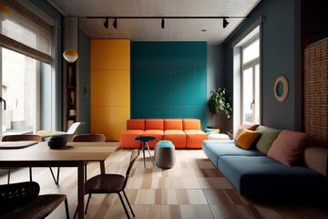 Green living room of luxury eco sustainable house. Color blocks and contrasting textures, eco interior design. Zero waste, eco friendly products, recyclable architecture, sustainability. Generative AI