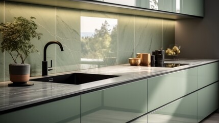 Fragment of a modern kitchen with countertop with stainless steel sink, Tall curved faucet.