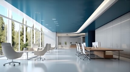 Modern minimalist open-space office with sleek furniture.