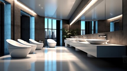 Fototapeta na wymiar Modern design, Contemporary Interior of bathroom with sink basin faucet lined up and public toilet urinals.