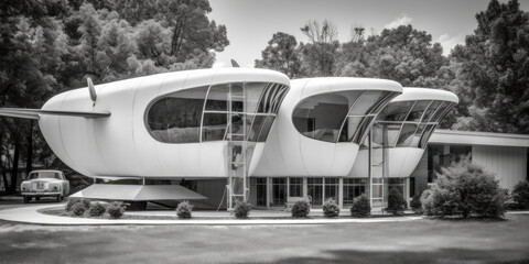 A modern house made by airplane parts, exterior view - Generative AI