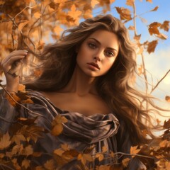 A beautiful woman poses under an autumn tree. Generative AI
