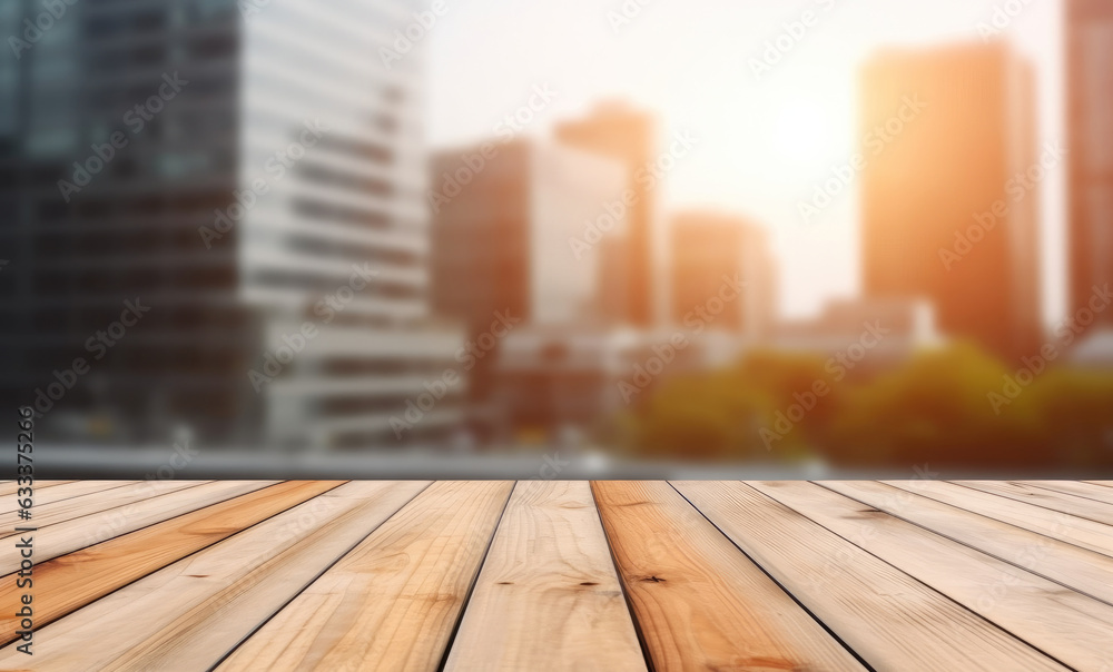 Poster Empty wood table top on blurred of office building background.