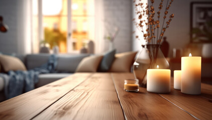 Fototapeta na wymiar Vintage wooden table top with candles at living room, Interior architecture.