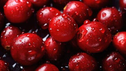 Cherry background with drops of water, close up