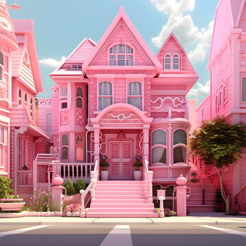 Barbie like 3d rendering of house display and demonstration for house, room, flat, vacation, pink,, leisure, fun