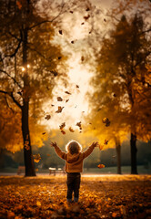Child throwing autumn leaves into the air in a park on a sunny day. Concept of the Fall season and...