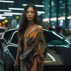 Asian woman next to luxury sport car. Nightlife