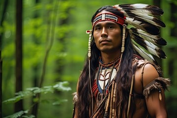 Native american indian with tribal headdress in forest. Close-up portrait.