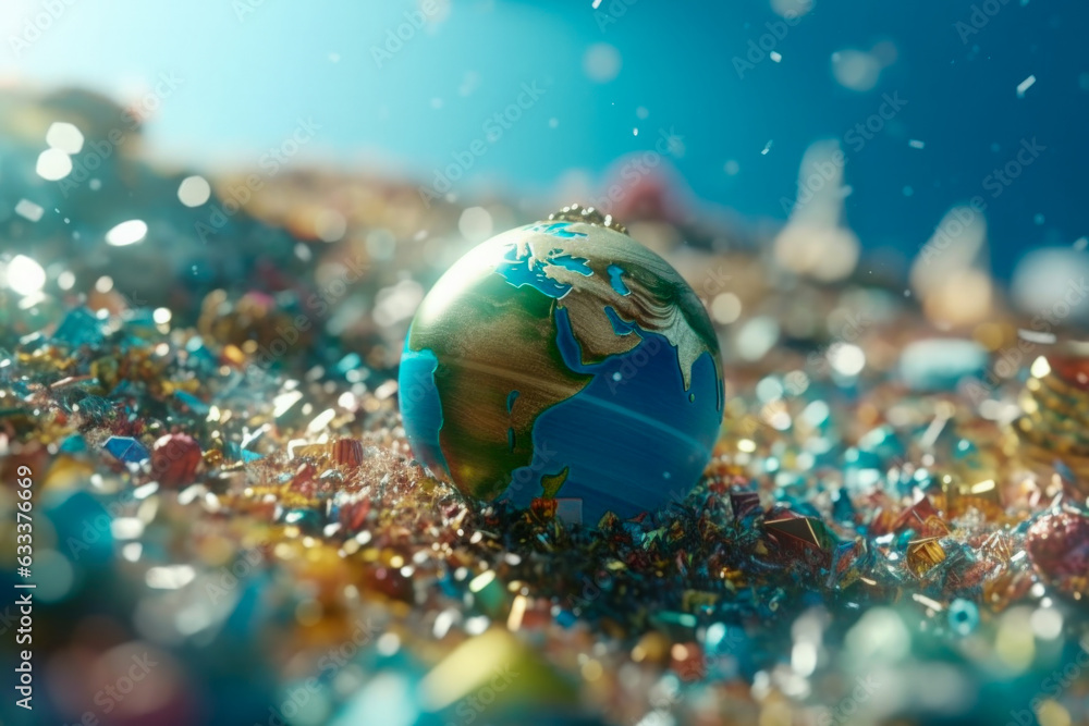 Poster earth floating with plastic danger for environment - generative ai