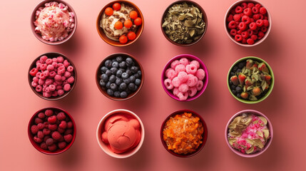 Set of bowls with various colorful Ice Cream and fresh ingredients on pink background. Generative AI