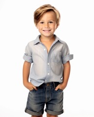 Fototapeta premium Little pretty boy smiling model posing at camera in bright studio