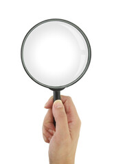 Female hand holding magnifying glass isolated on white transparent background, top view, PNG