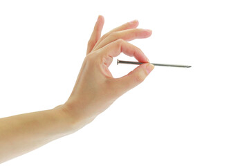 Female hand holding a nail isolated on white transparent background, PNG