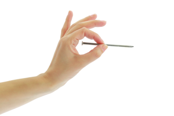 Female hand holding a nail isolated on white transparent background, PNG