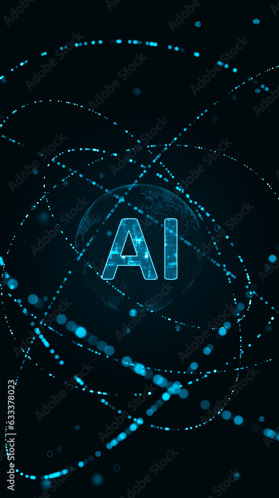 Poster blue digital ai logo with particle ring circle rotation and ai technology icon on futuristic abstrac