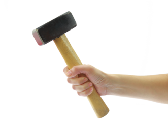 Female hand holding a hammer isolated on white transparent background, PNG