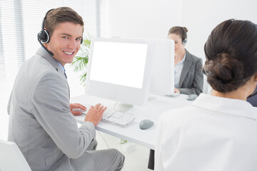 Digital png photo of caucasian business people using phone headsets on transparent background
