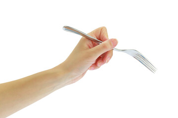 Female hand holding a fork isolated on white transparent background, PNG