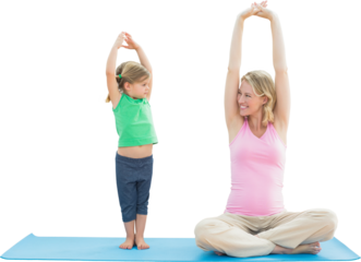 Digital png photo of caucasian mother and daughter exercising on transparent background