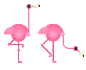 Set flamingo bird in creative geometric style. Beautiful modern element. Abstract minimal concept art. Vivid cartoon character design. Vector flat illustration.