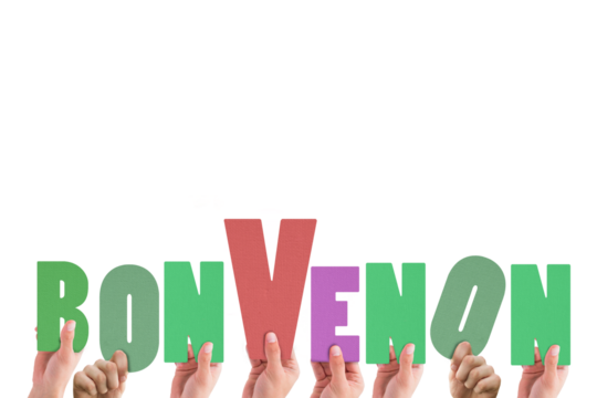 Digital png illustration of hands holding bonvenon text on transparent background