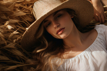 A woman laying down in the grass with a hat.