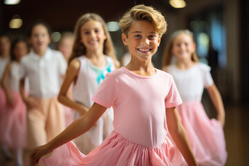 Boy wearing pink tutu skirt and having fun ballet class with girls on the background ballet class.