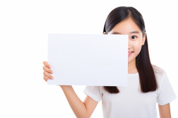 Naklejka premium Happy asian scholl girl holding blank white banner sign, isolated studio portrait.