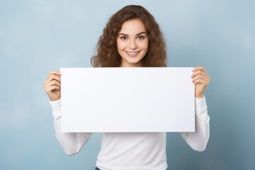 Naklejka premium Happy young woman holding blank white banner sign, isolated studio portrait .