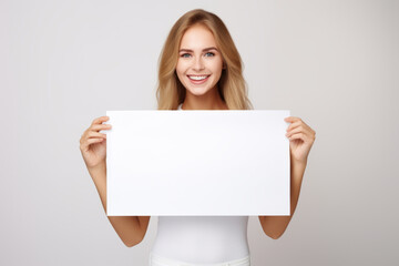 Happy young woman holding blank white banner sign, isolated studio portrait .