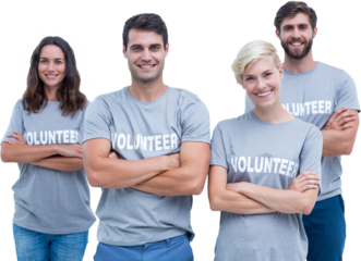 Digital png photo of happy caucasian volunteers on transparent background