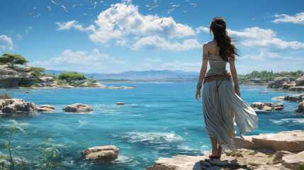 Fototapeta na wymiar Greek goddess standing majestically against the backdrop of a blue sea and a blue sky.