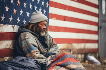 Homeless man sleeps on the pavement in the USA, hiding behind the American flag.