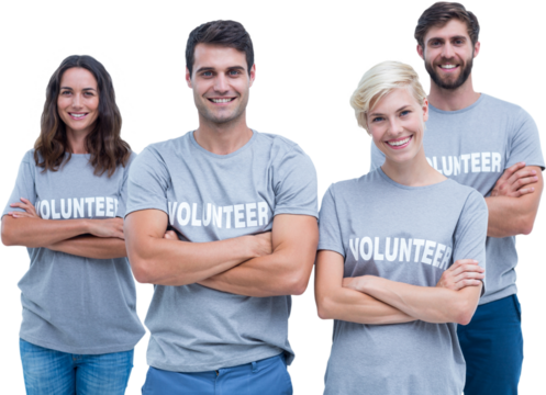 Digital png photo of happy caucasian volunteers on transparent background