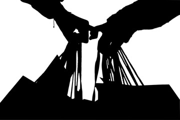 Digital png silhouette image of hands with shopping bags on transparent background