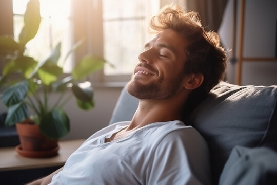 Satisfied handsome young man relaxing on the sofa at home, Smiling men enjoying day off lying on the couch, Healthy lifestyle, people and holiday concept.