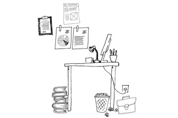 Fototapeta na wymiar Digital png illustration of desk with computer and documents on transparent background