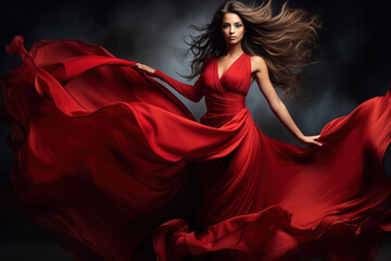 Woman in red waving dress with flying fabric.
